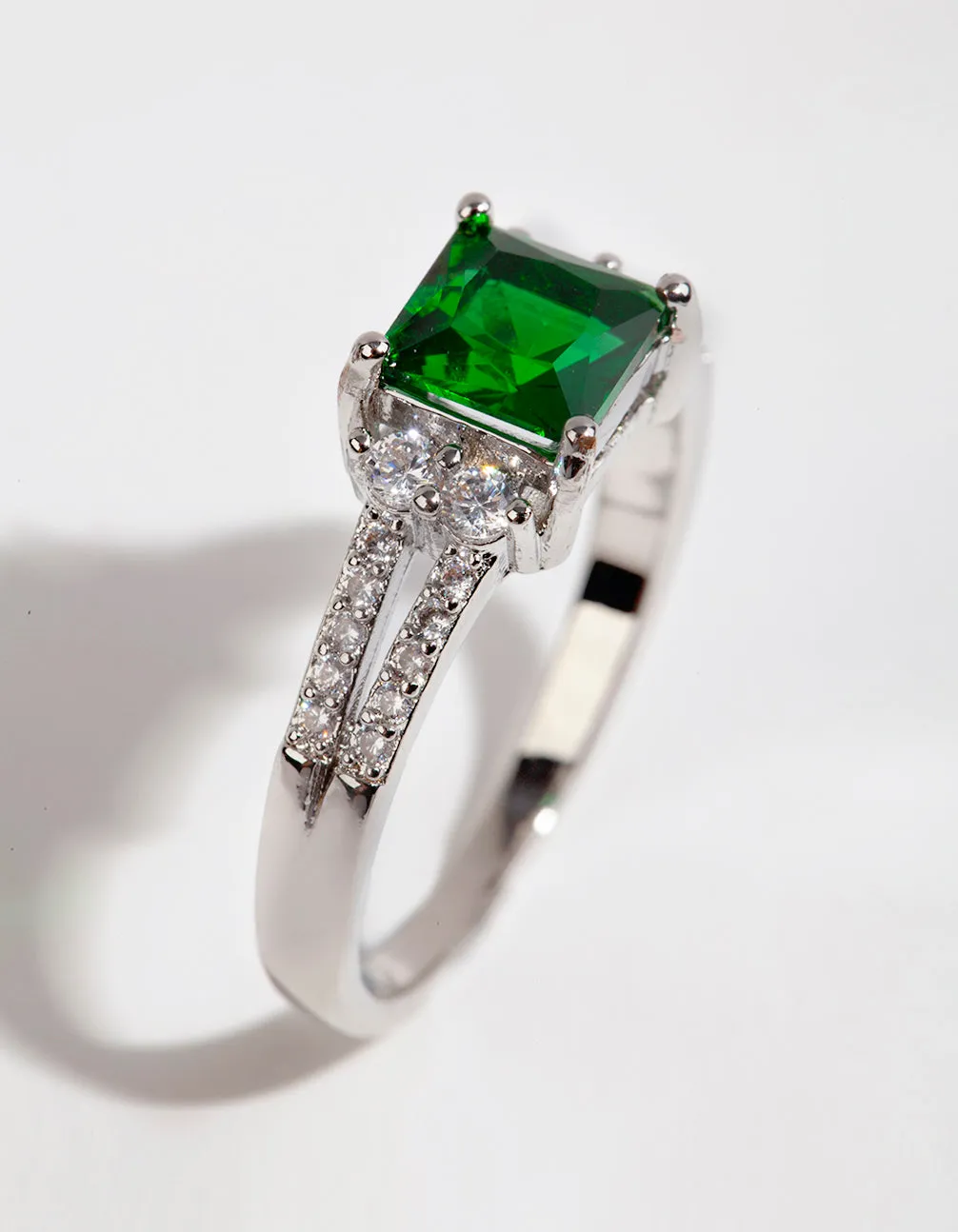 Rhodium Square Emerald Cubic Zirconia Ring