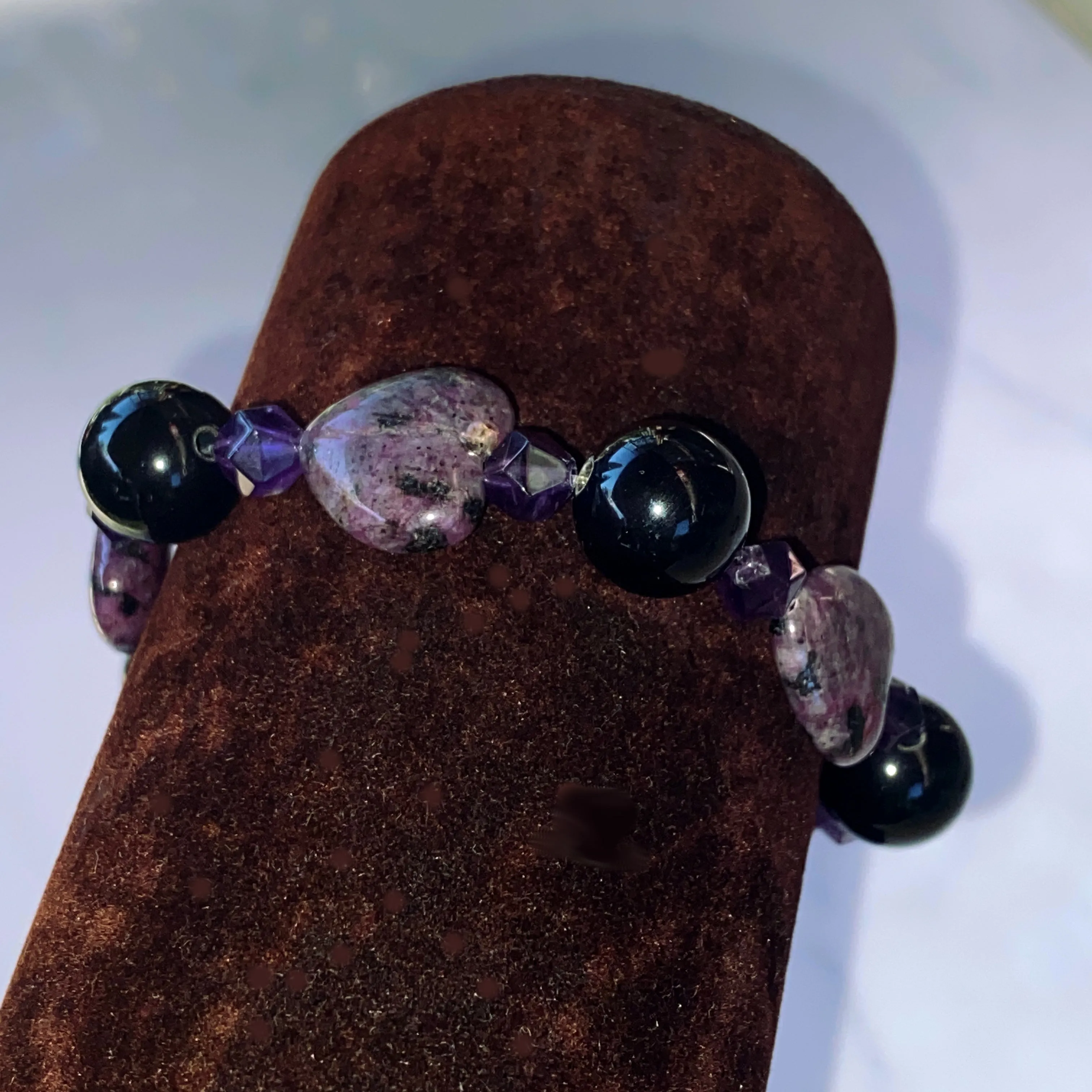 Ruby Zoisite, Amethyst gemstone, and Onyx Bracelet