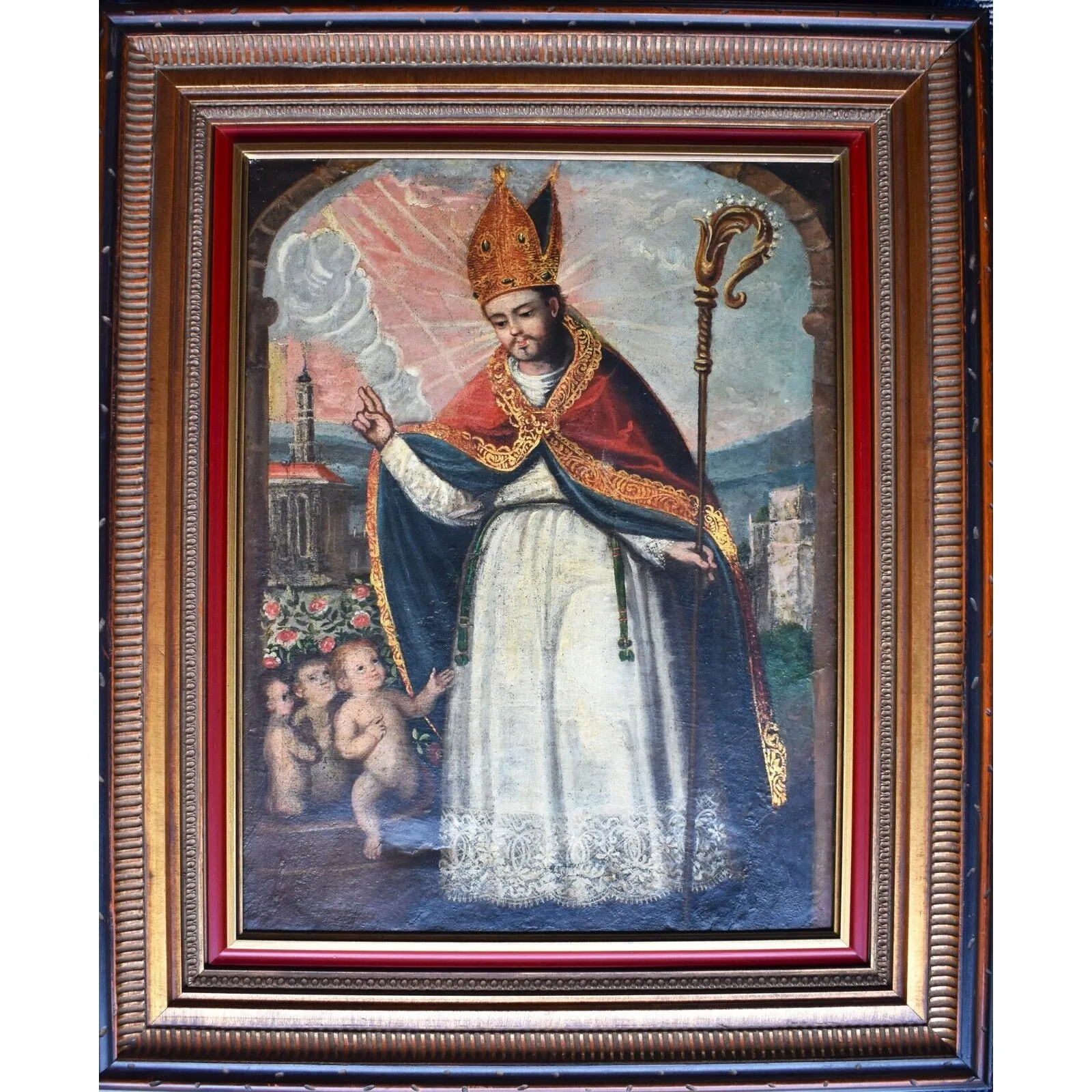 Saint Nicholas San Nicolas Antique 19th C. Spanish Colonial Painting on Canvas/ Retablo