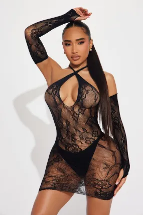 Sara Fishnet Dress Bodystocking - Black