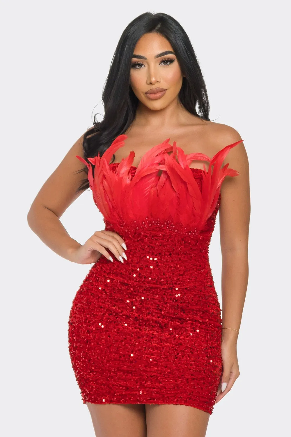 SEQUIN OFF SHOULDER W/FEATHER MINI DRESS