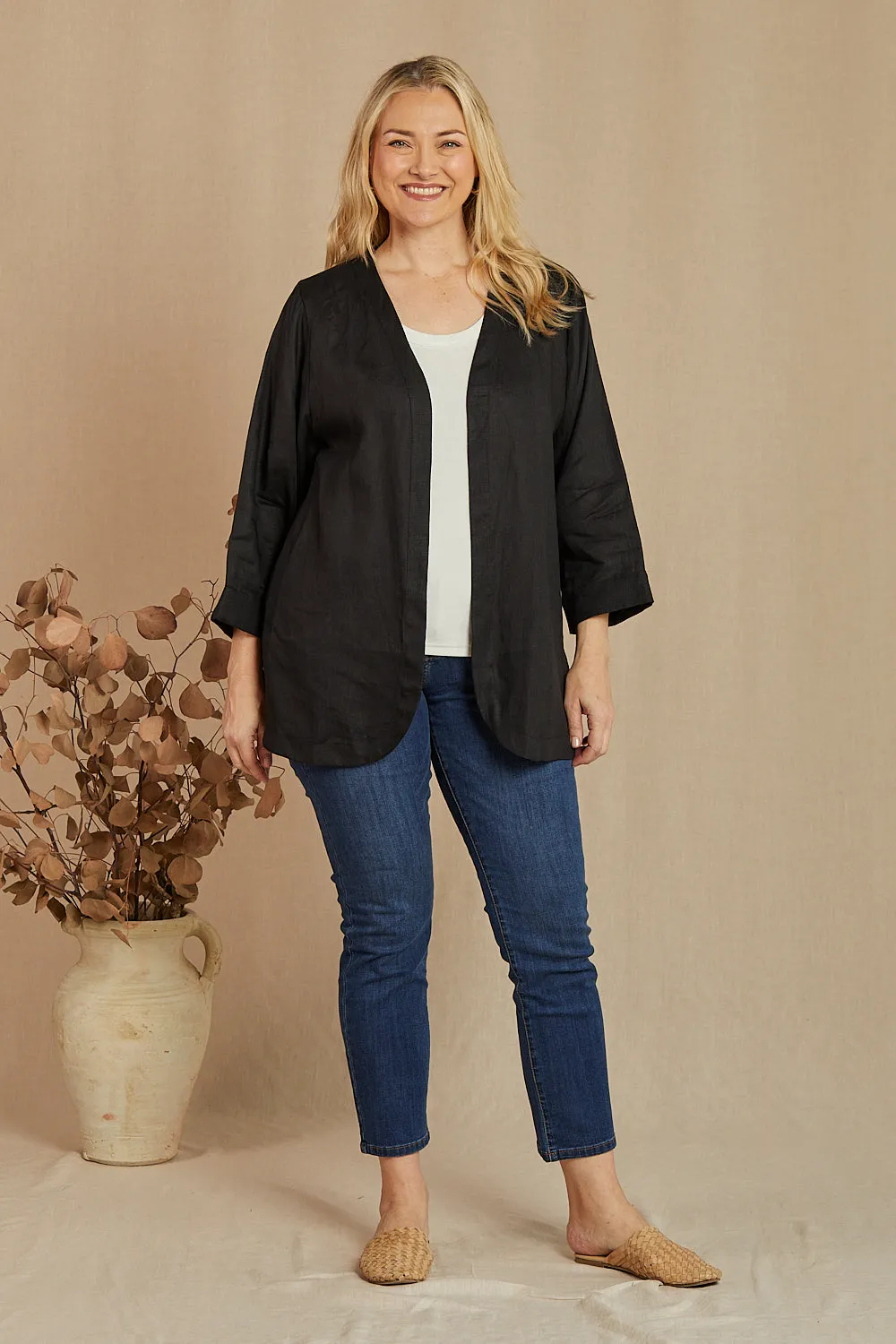 Short Linen Duster Jacket in Black