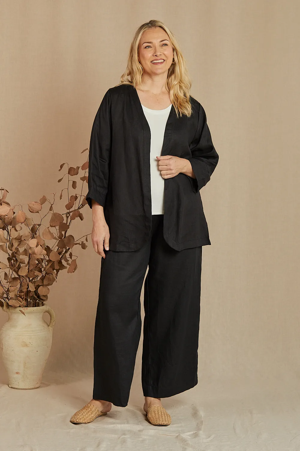 Short Linen Duster Jacket in Black