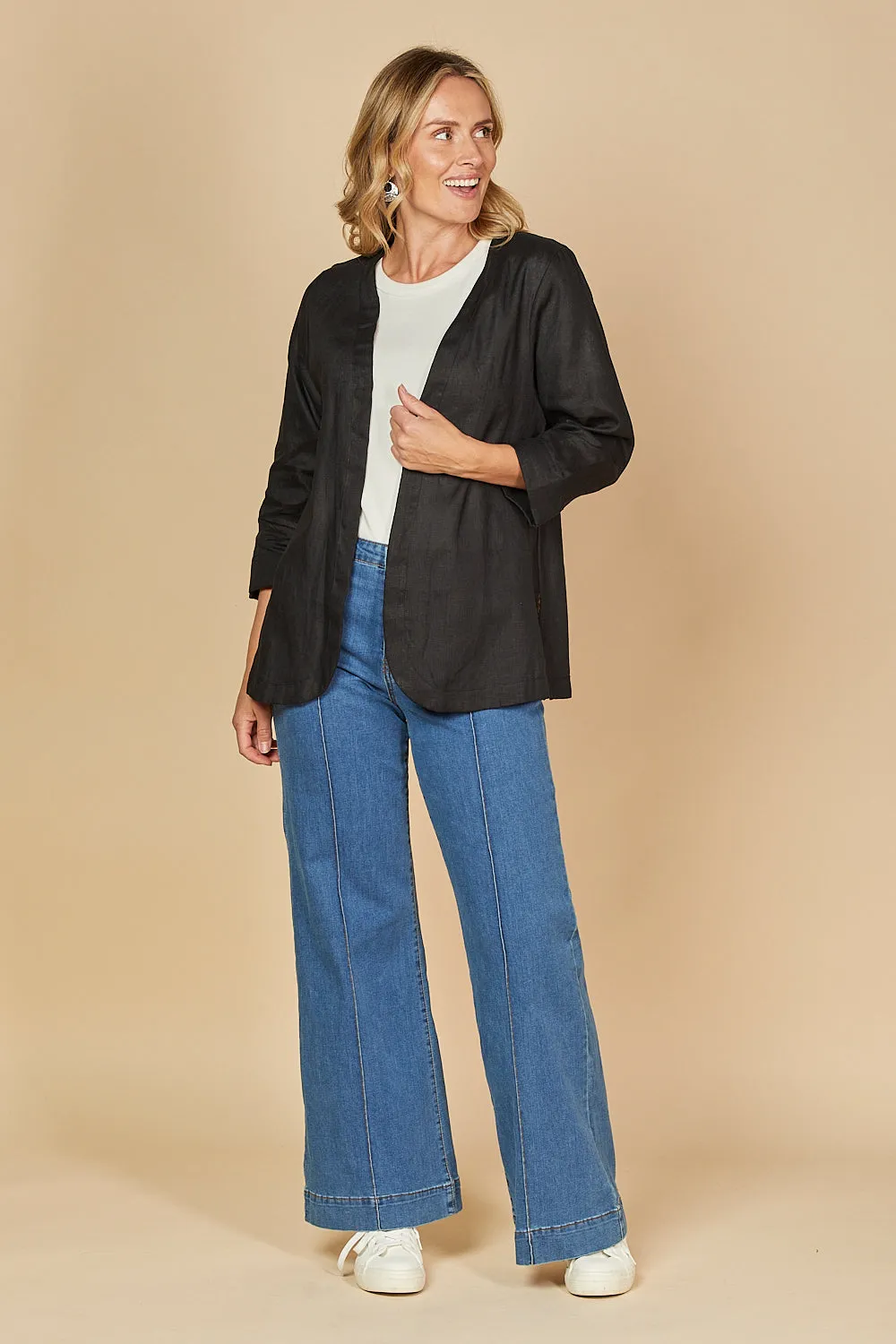 Short Linen Duster Jacket in Black