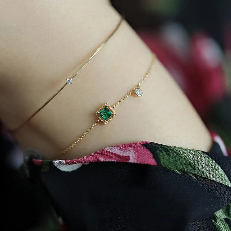 Simple Emerald Crystal Silver Chain Bracelet