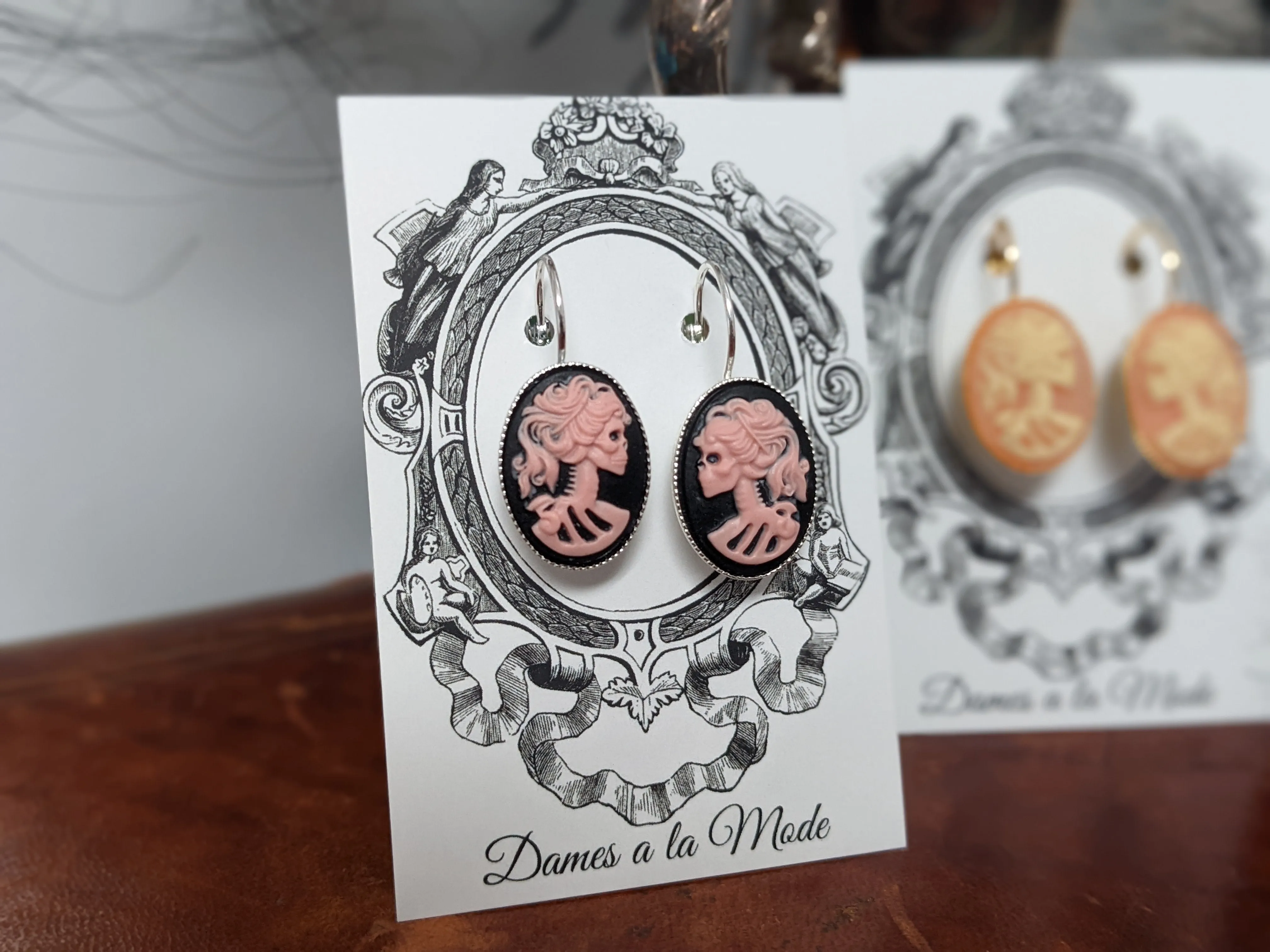 Skeleton Skull Cameo Earrings - Pink and Black - Large Oval