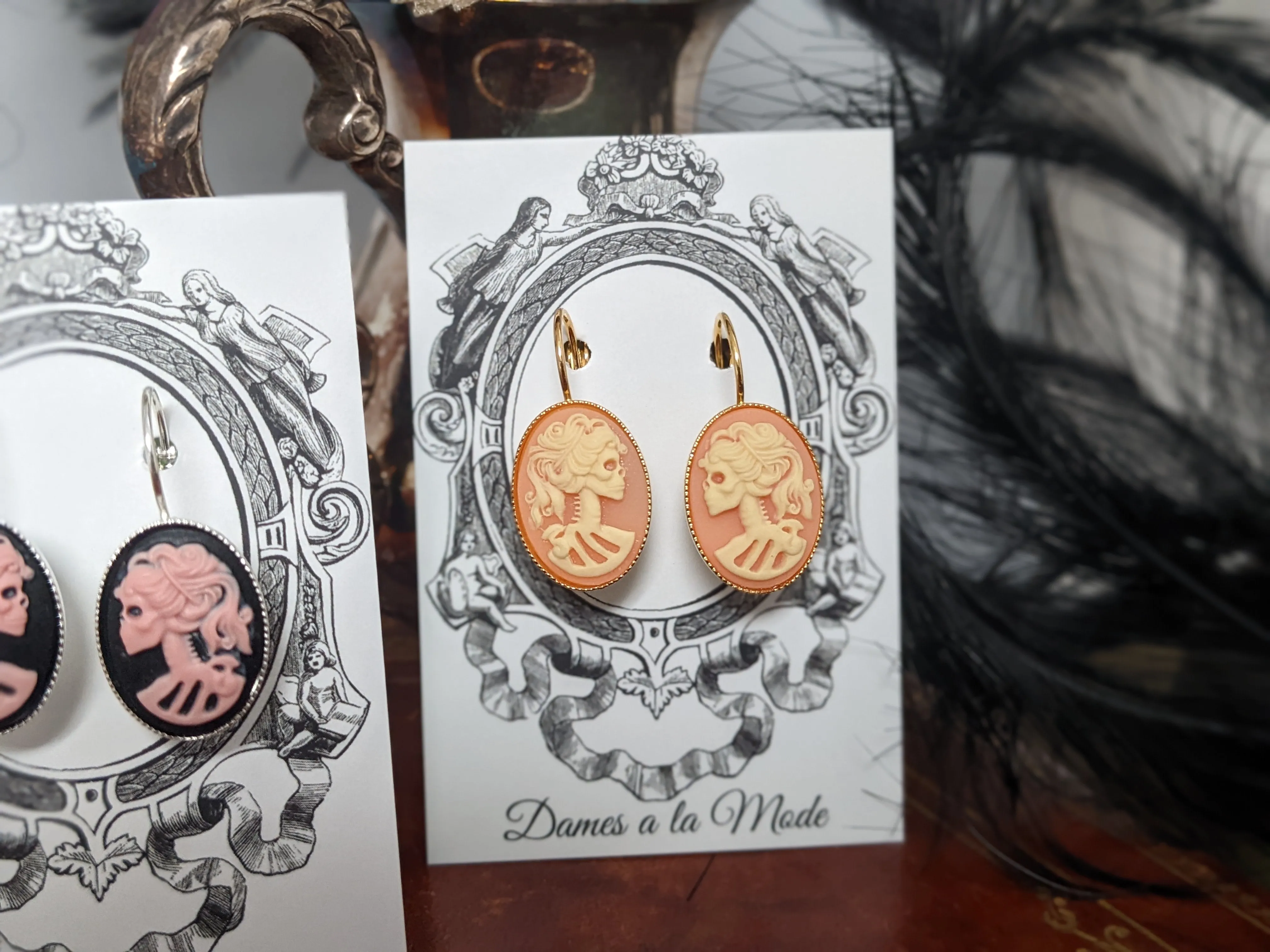 Skeleton Skull Cameo Earrings - Pink and Black - Large Oval