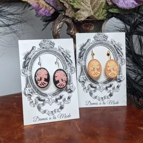 Skeleton Skull Cameo Earrings - Pink and Black - Large Oval