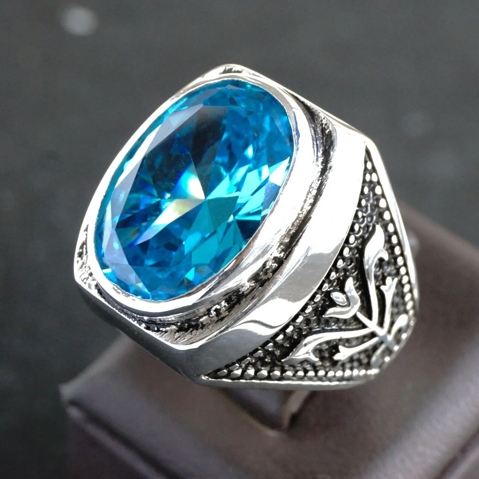 Sterling Silver Men’s Ring Swiss Blue Topaz Artisan Handcrafted Unique Jewelry