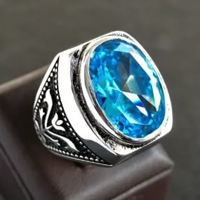 Sterling Silver Men’s Ring Swiss Blue Topaz Artisan Handcrafted Unique Jewelry