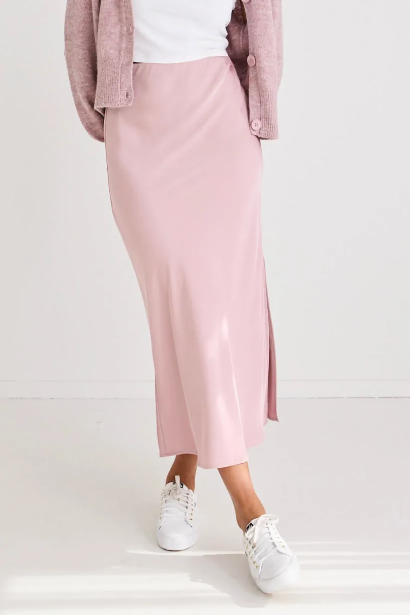 Stunning Blush Satin Side Split Bias Midi Skirt