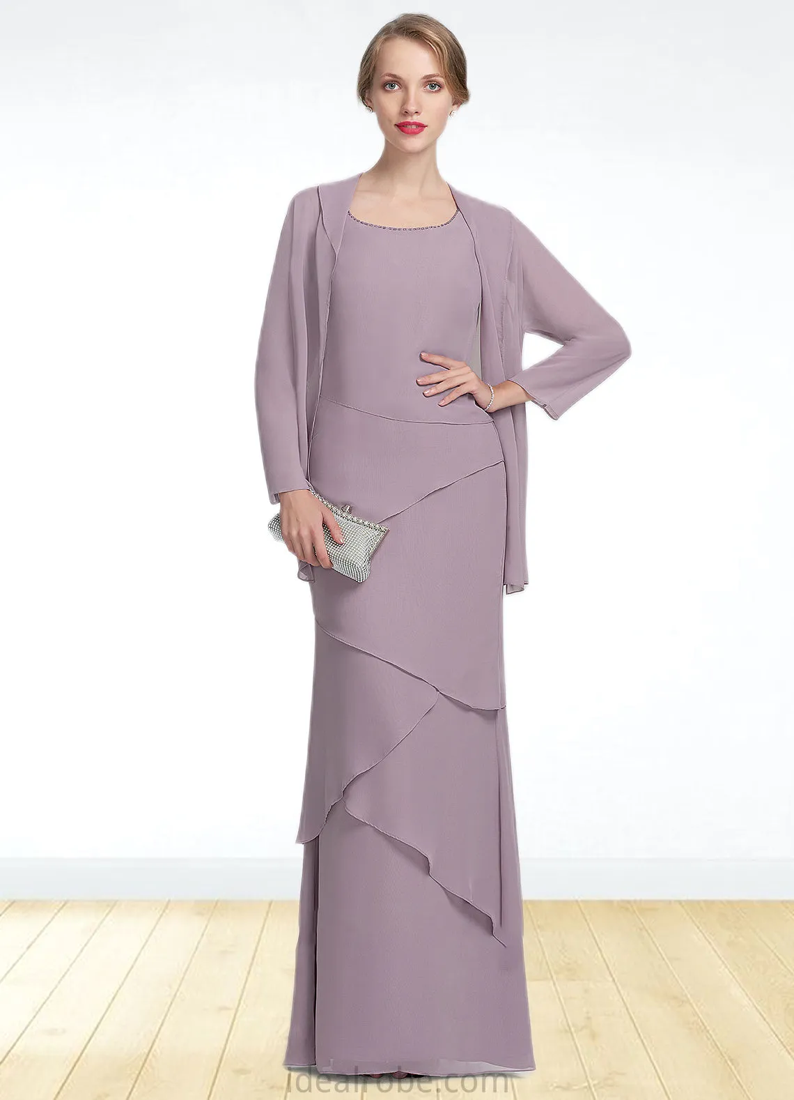 Tamara Sheath/Column Scoop Neck Floor-Length Chiffon Mother of the Bride Dress With Beading Cascading Ruffles STK126P0014975