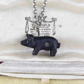 Victorian Irish Bog Oak Pig Stanhope Charm Necklace