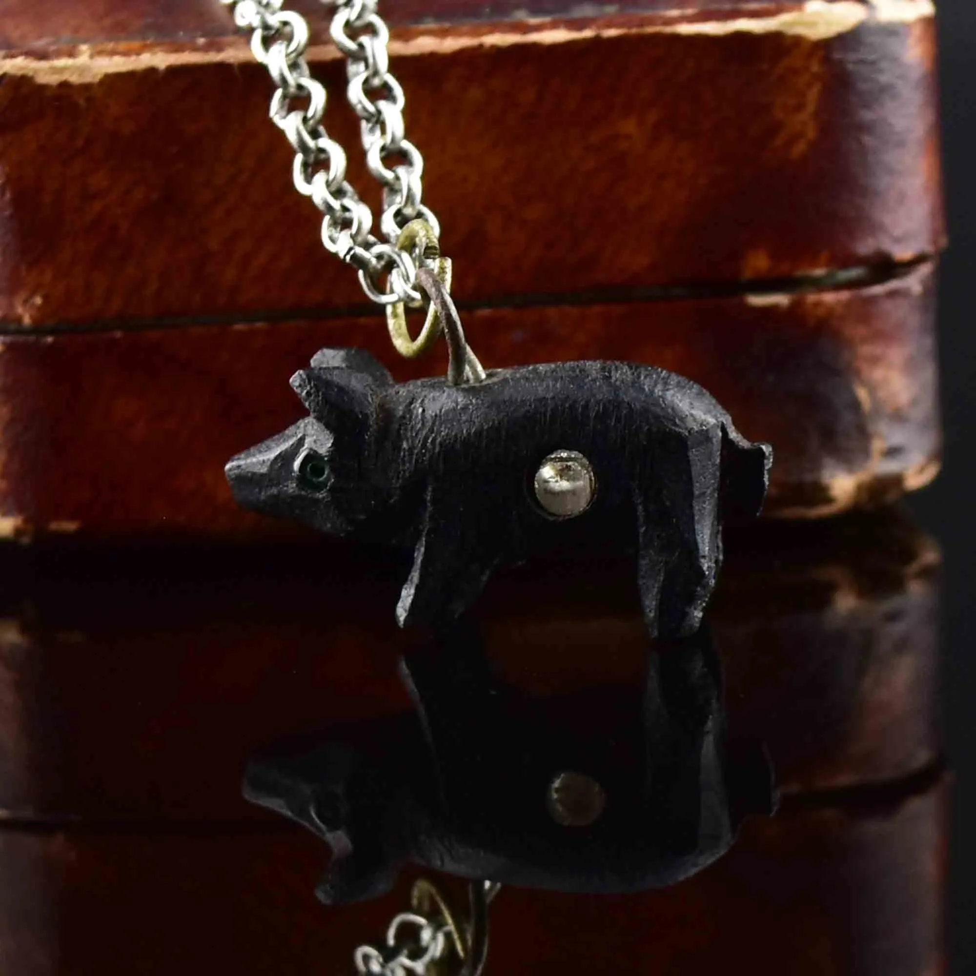 Victorian Irish Bog Oak Pig Stanhope Charm Necklace