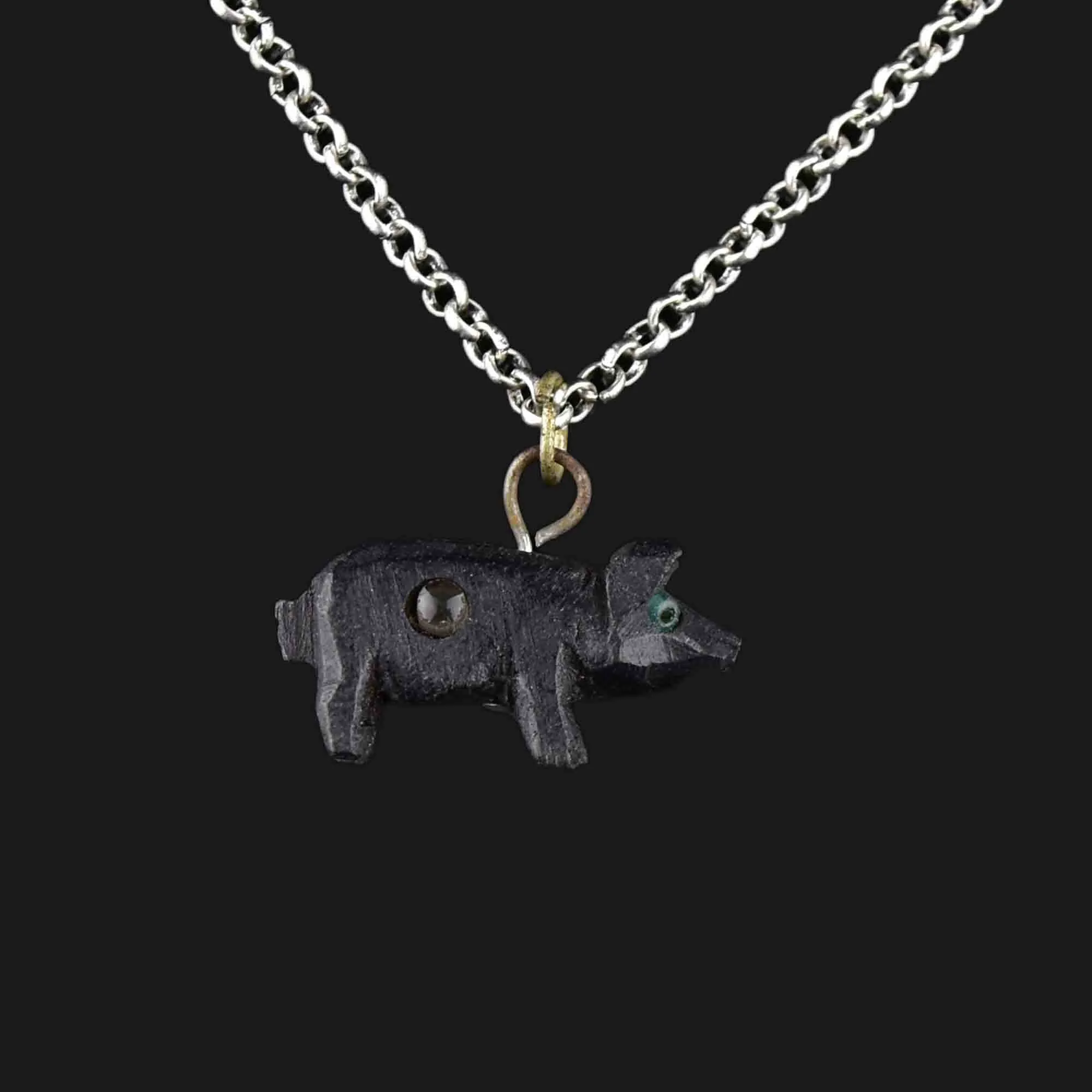 Victorian Irish Bog Oak Pig Stanhope Charm Necklace