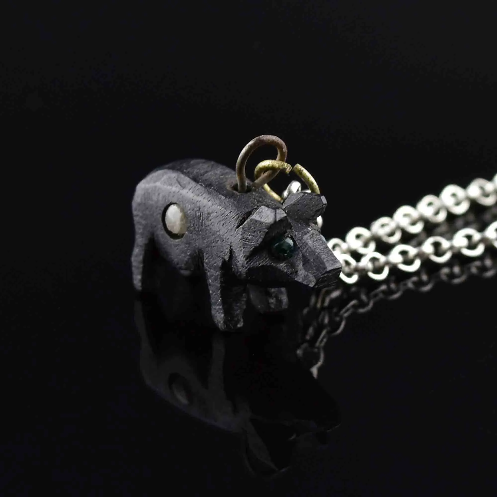 Victorian Irish Bog Oak Pig Stanhope Charm Necklace