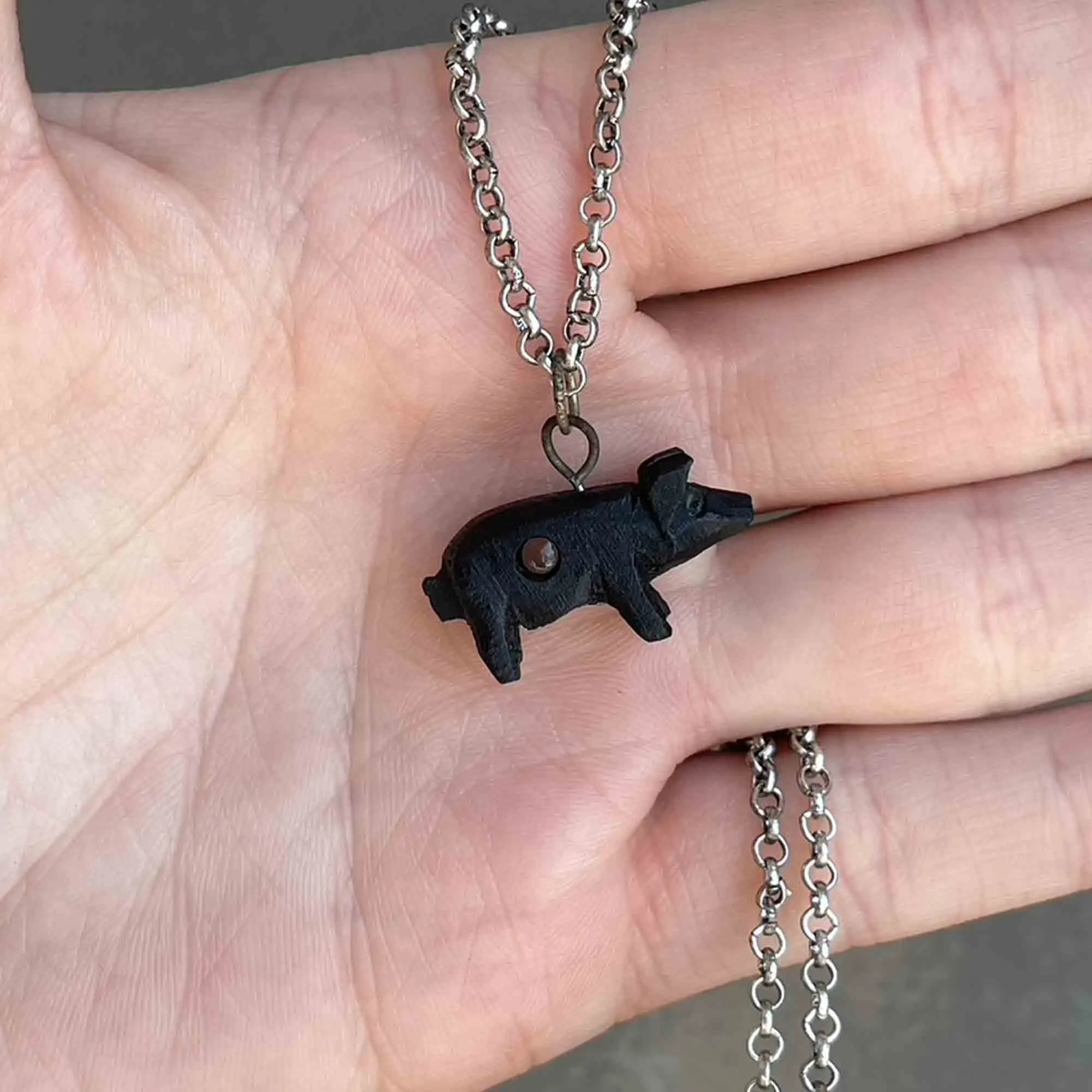 Victorian Irish Bog Oak Pig Stanhope Charm Necklace