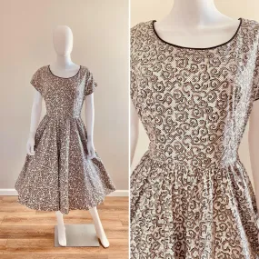 Vintage 1950s Black and White Cotton Day Dress with Rhinestones / 50s retro polka dot fit and flare casual dress with pockets / Size S