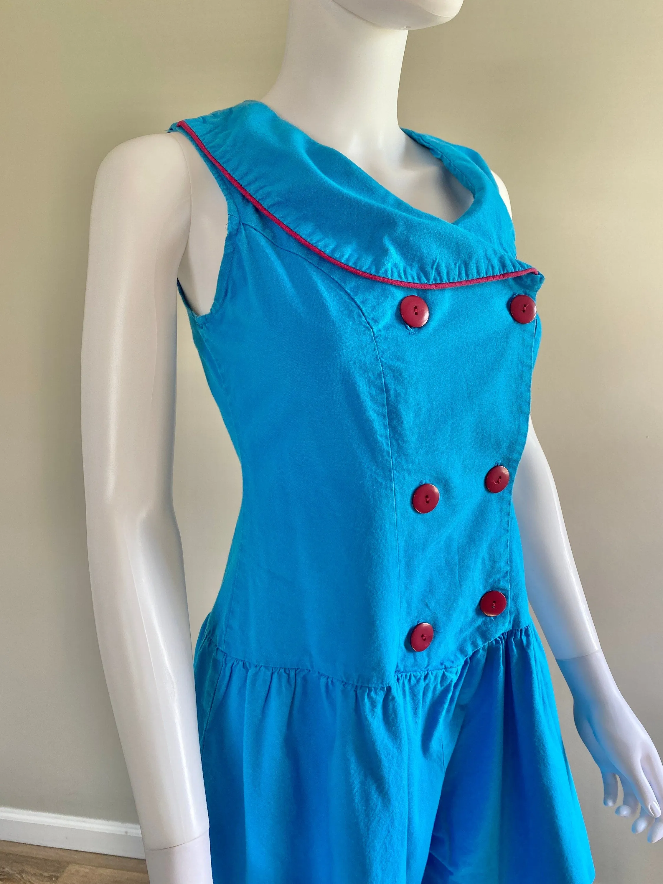 Vintage 1980s Blue Nautical Romper / 80s Sleeveless Cotton Romper / Size S