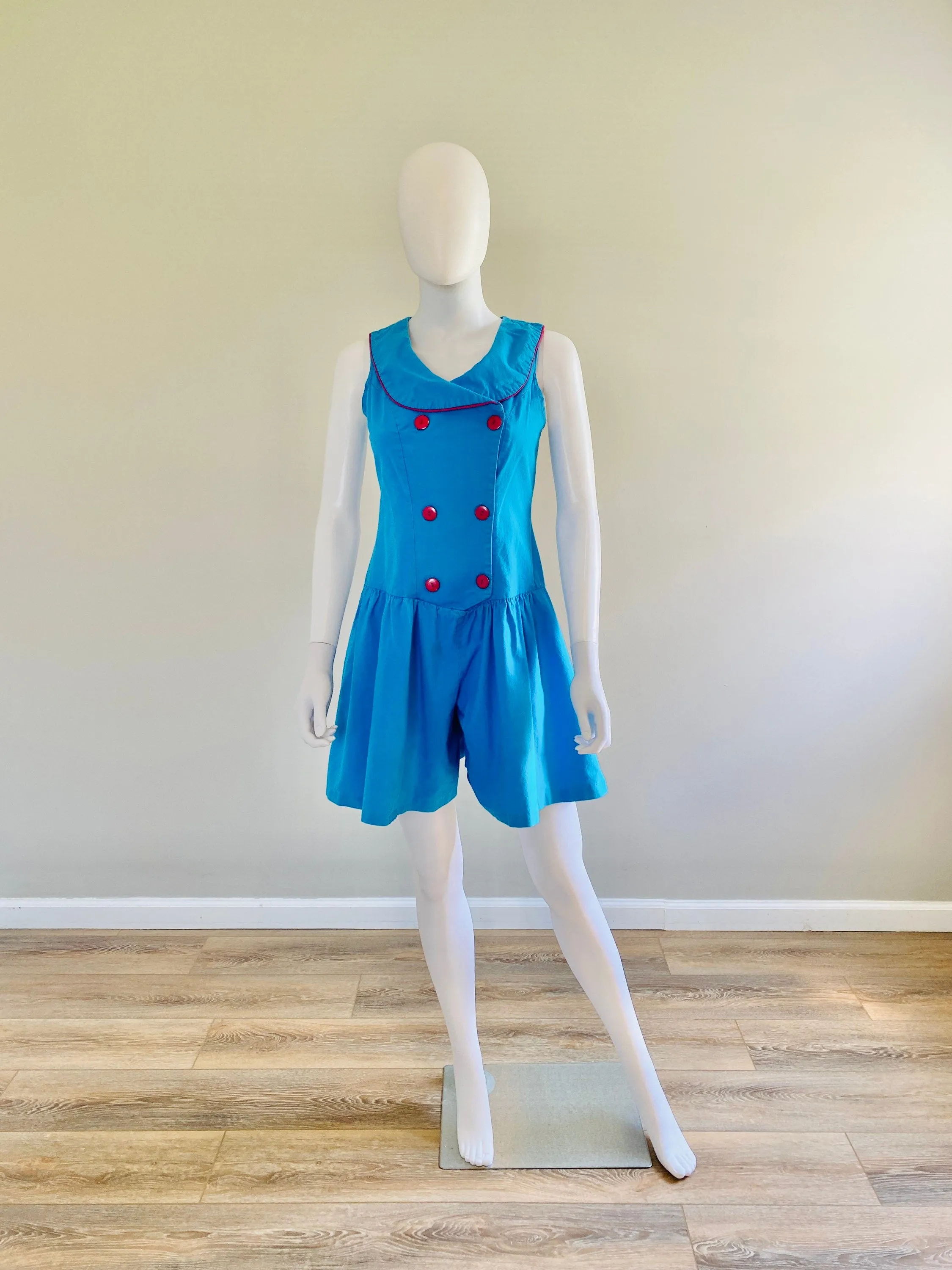 Vintage 1980s Blue Nautical Romper / 80s Sleeveless Cotton Romper / Size S