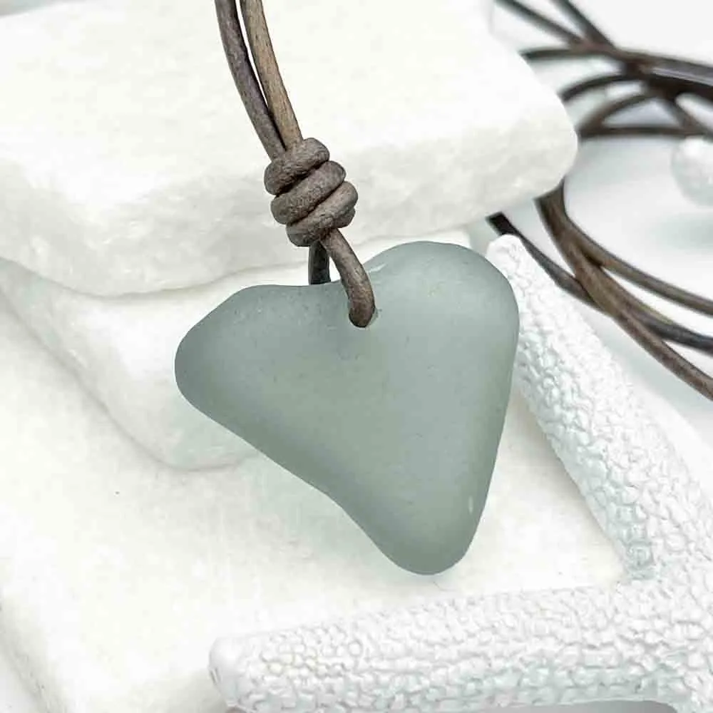 Vintage Automobile Gray Heart Sea Glass Leather Necklace | #5015