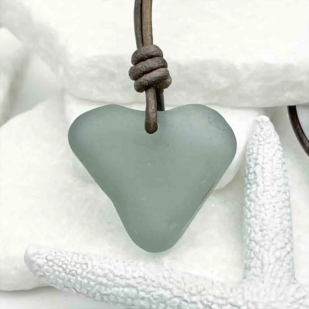 Vintage Automobile Gray Heart Sea Glass Leather Necklace | #5015