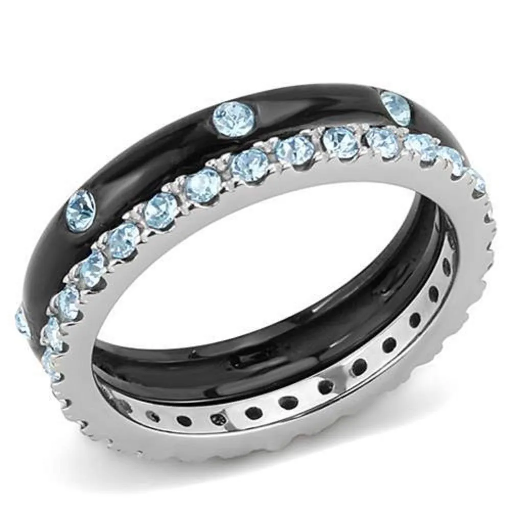 WildKlass Stainless Steel Ring Two-Tone IP Black Women Top Grade Crystal Sea Blue