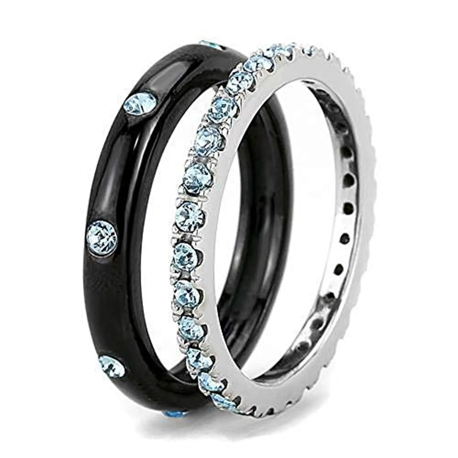 WildKlass Stainless Steel Ring Two-Tone IP Black Women Top Grade Crystal Sea Blue